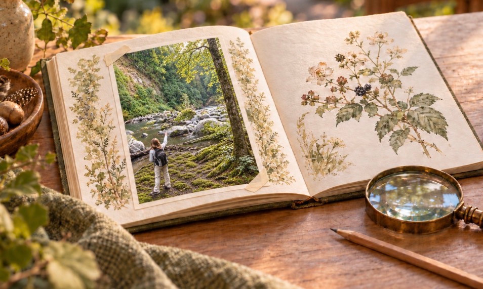 An open notebook with botanical illustrations, a magnifying glass and a photograph of a person seen from behind beside a river.