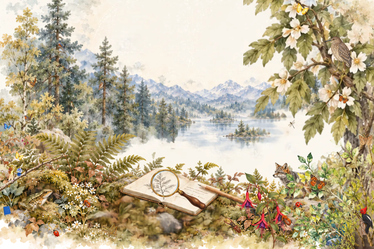 Illustrated landscape with birds, butterflies, a fox, a small frog, Palu on a branch, a magnifying glass and a field notebook.